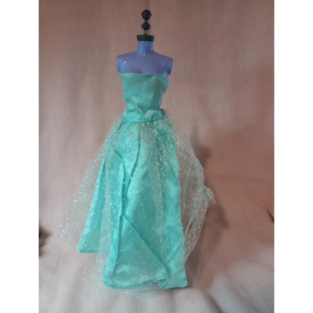 Barbie Doll Clothes Lot 2 Formal Gowns Purple Lace Aqua Glitter Dress Shoes